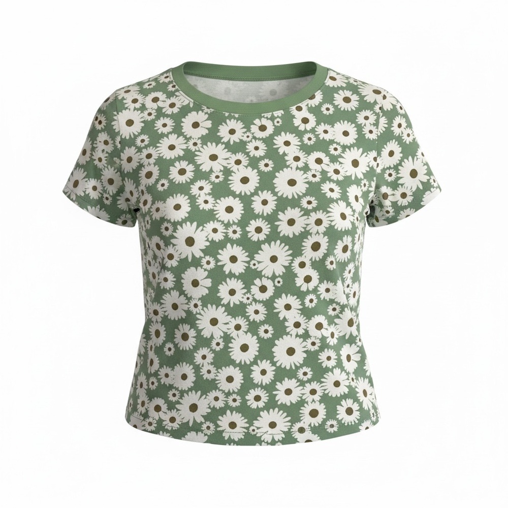 Forever 21 Green Daisy Print Short Sleeve Cropped Tee - White Flower Pattern - Picture 5 of 5